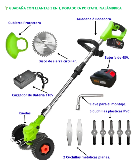 🌱 GUADAÑA CON LLANTAS 3 EN 1, PODADORA PORTATIL INALÁMBRICA